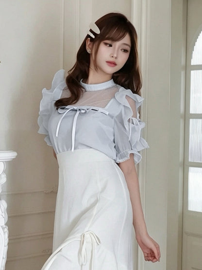 Plus Size Blue Seiso-kei Cutout Shoulder Blouse with Tulle Panel and Ruffle Accents - Smyster