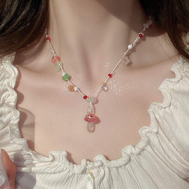 Y2K Blau/Rot/Lila Süße Halskette Pilz Perlen