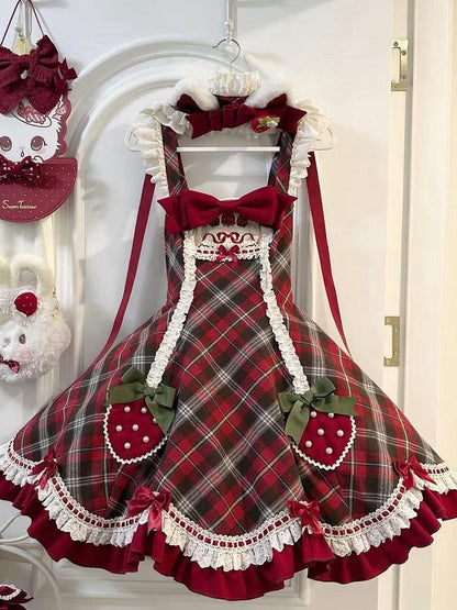 Lolita Plaid Strawberry Sweet Red Hem Scalloped Trim with Tartan Themed Dress Edge