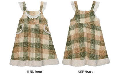 Green Floral Button Details Lace Trim Plaid Fleece Overall Dress with Pockets