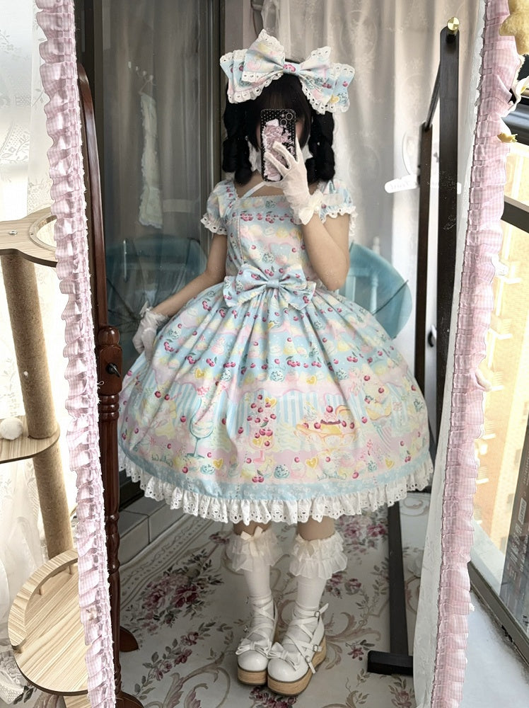 Creme Lolita Print Sweet und Kleid Sommer Kirsche Eisblau