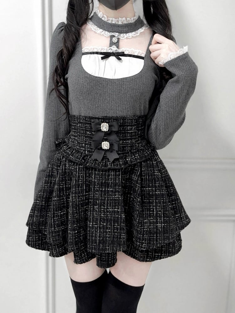 Sheer Gray Lace Mesh at Kei with Insert Top: Stand Style Collar Knit Jirai Chest