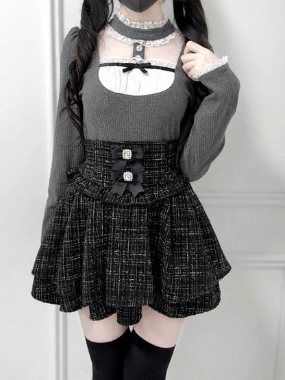 Sheer Gray Lace Mesh at Kei with Insert Top: Stand Style Collar Knit Jirai Chest