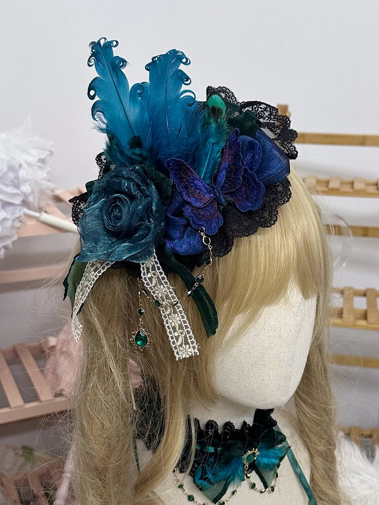 Butterfly Lace Rhinestone Hat Green Flower with Chain Feather Black Peacock Mini Trim