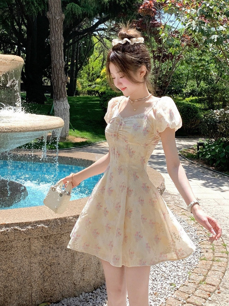Yellow & Pink Floral Print Summer Holiday Dress - Qchiwawameme