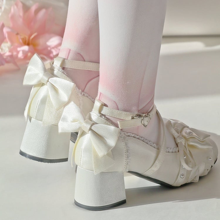 Mid-heel Toe Satin - Square Elegant Janes Accents Mary Bow Champagne Lolita