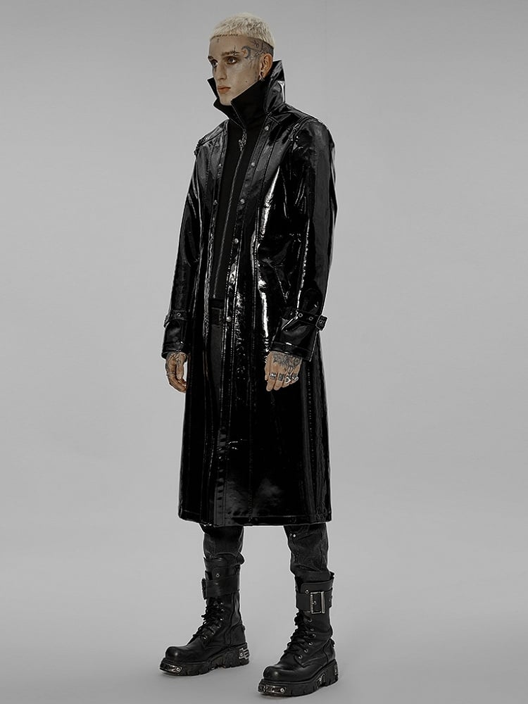 Black Men's Gothic Patent Leather Long Coat