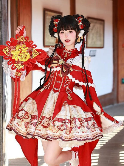 White Tassel Red with Hairclips Golden Bow Pom-Pom Accents and