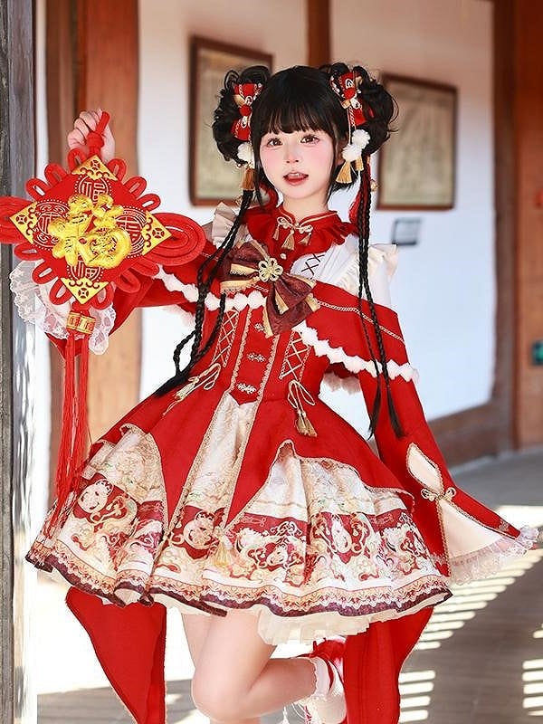 with Gold and Red Details Sleeves Dress Embroidery Tassel Chinoiserie Lolita Bell Beige