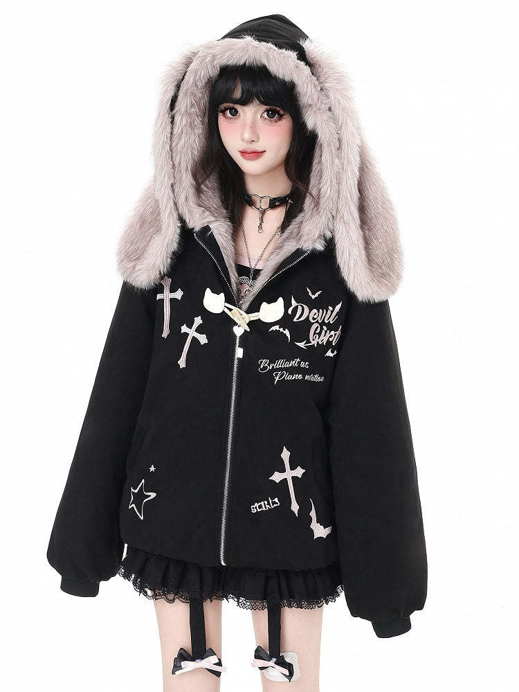 Ear Black/Gray Bunny Fleece - Bittersweet Jacket Hooded Hood