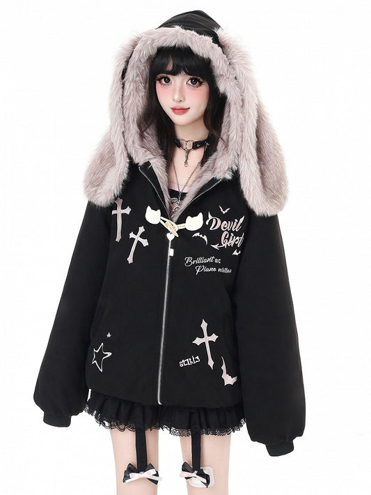 Ear Black/Gray Bunny Fleece - Bittersweet Jacket Hooded Hood