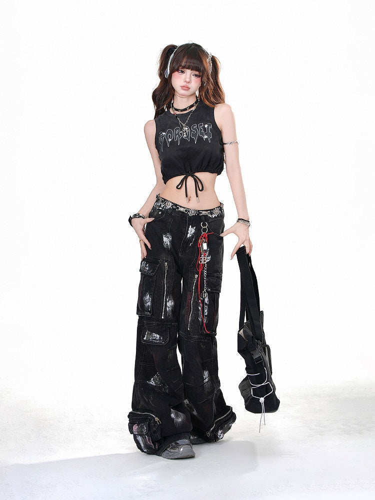 Schwarzes, glamouröses kurzes Tanktop mit Buchstaben