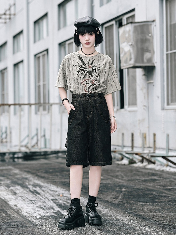 Gray Asymmetrical Short Sleeve T-Shirt with Print & Distress - Quirky Hut