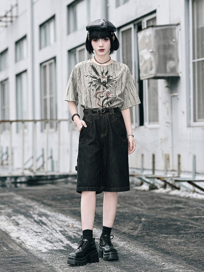 Gray Asymmetrical Short Sleeve T-Shirt with Print & Distress - Quirky Hut