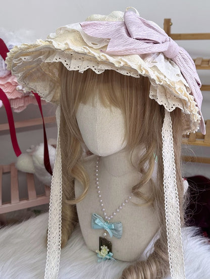 Bowknot Lolita Hat Pink-Purple Lace Sweet
