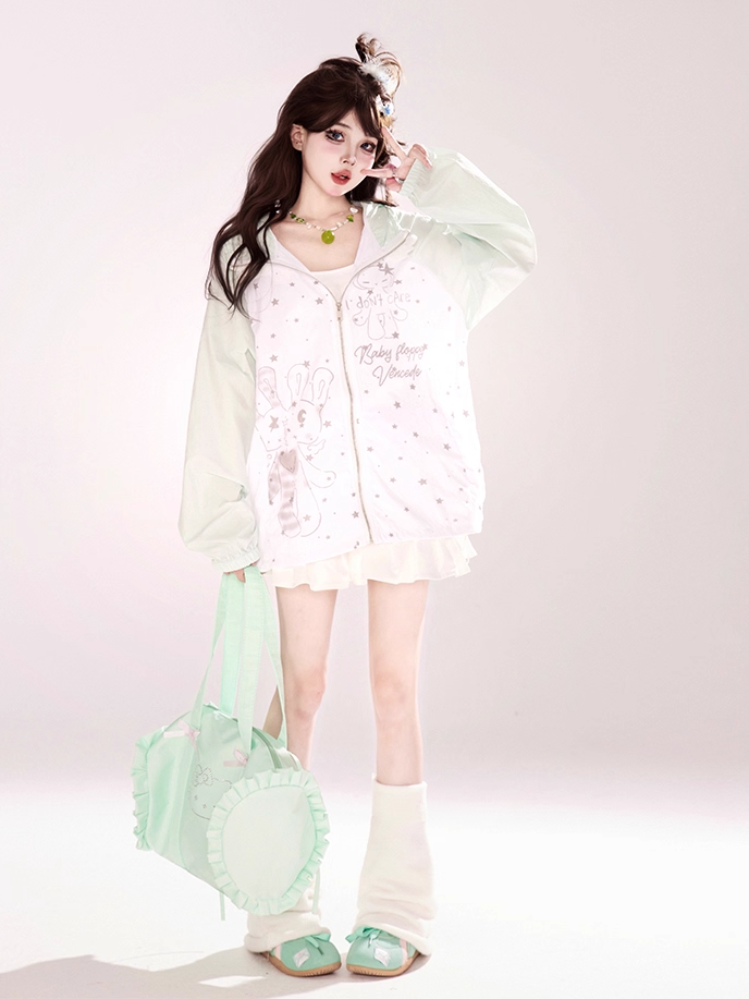 デザインフードイヤーキティカラーブロックジップアップジャケットカートゥーンプリントブラック/グリーン