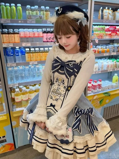White Cuffs Top Details Lolita Bow and Plush with Long-Sleeve