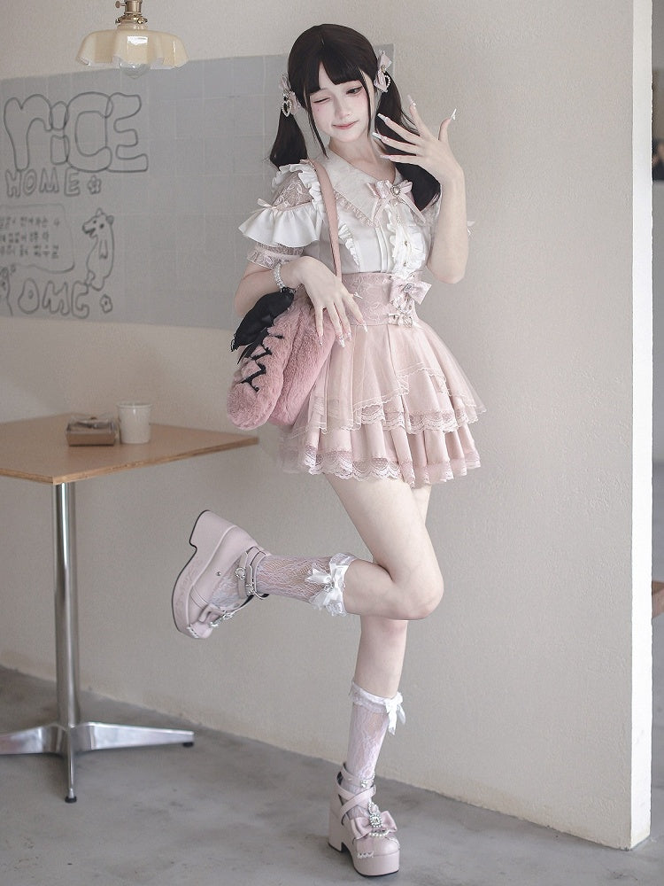 Landmine Style Pink & White Lace Cutout Shoulder Short Sleeve Blouse with Ruffle Details - Ekomi