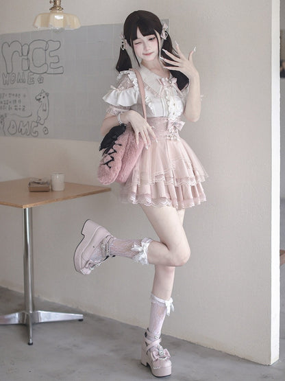 Landmine Style Pink & White Lace Cutout Shoulder Short Sleeve Blouse with Ruffle Details - Ekomi