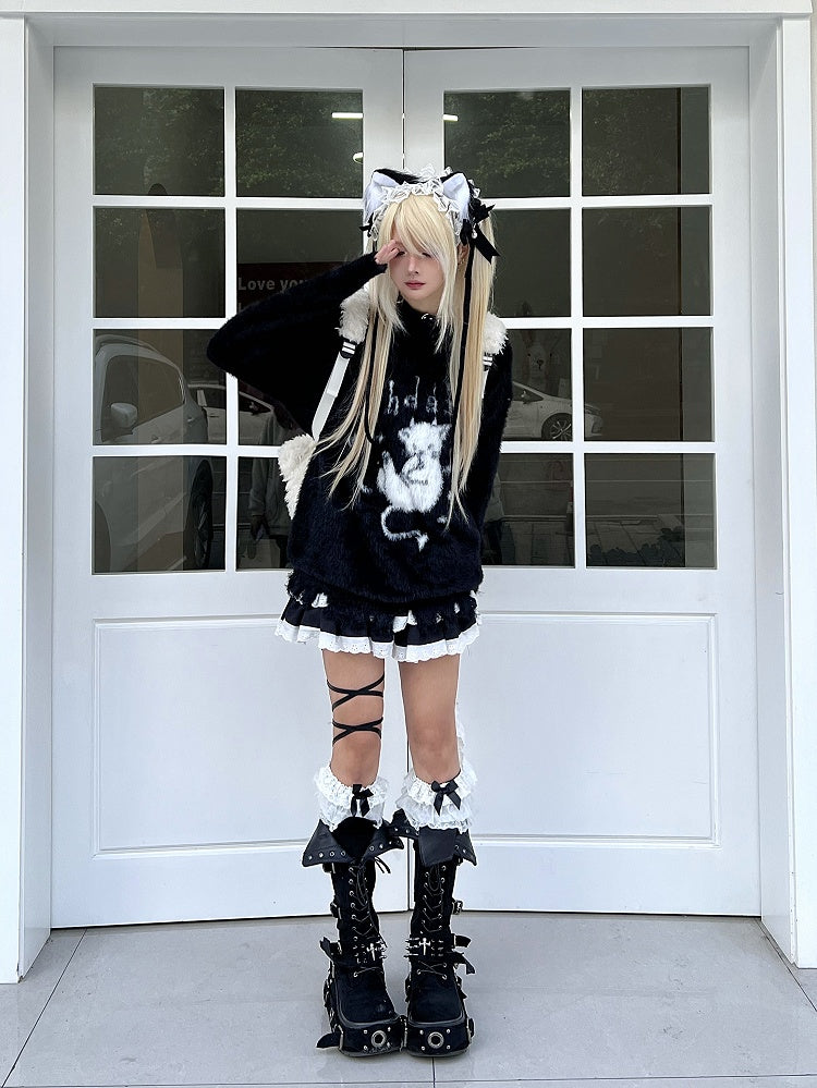 Sweater Black/White with Distress Kitten Plush Design Trim Devil and