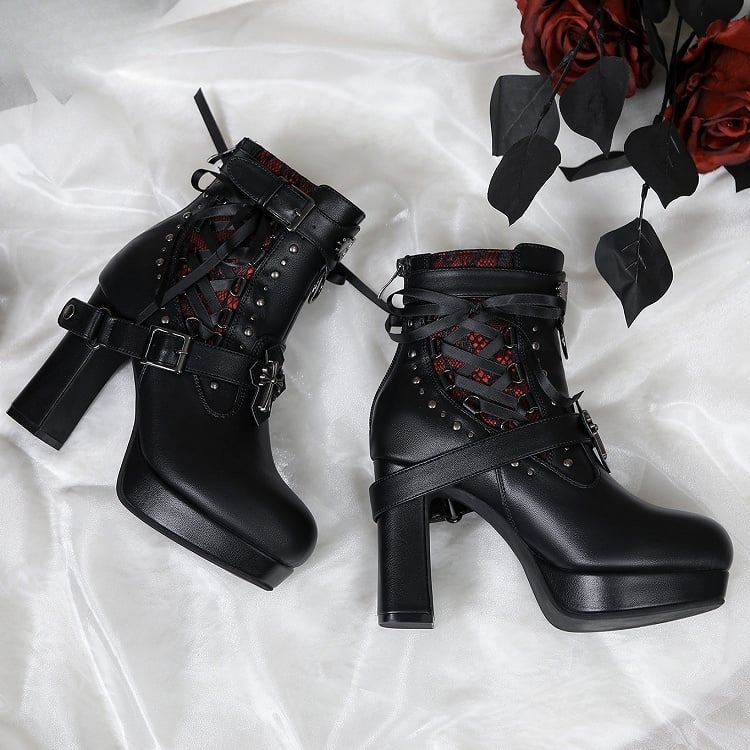 Gothic Lacing Crisscross Studded System PU Dual Black Fastening Boots Details - with High-heel Ankle