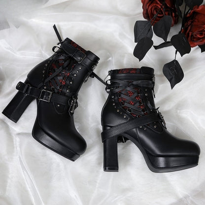 Gothic Lacing Crisscross Studded System PU Dual Black Fastening Boots Details - with High-heel Ankle