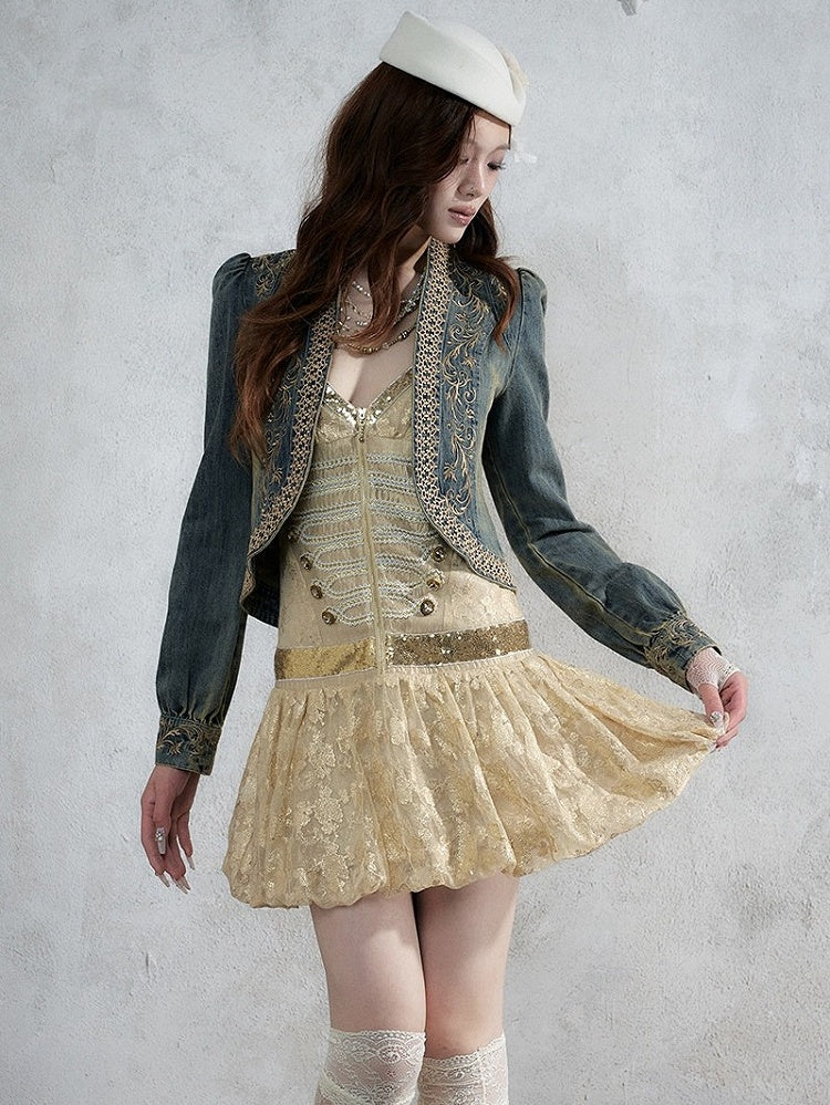 Golden Jacquard Cami Dress with Sequin Accents - NO ROMANCE