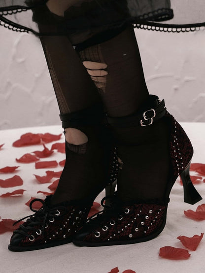 Studded Details Pointed - Cross Lacing Toe High Heels Accents with Gothic Red