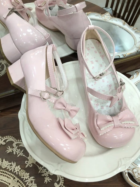Janes Low-heel/Mid-heel Bow Mary Pink Charming Sweet Embellishments with Design Lolita