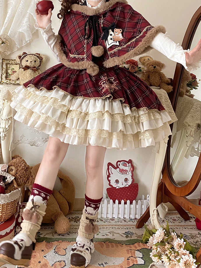 Red and Black Plaid Layered Lace Ruffled Sweet Lolita Dress +  Brown Faux Fur Trim Hooded Cape Set