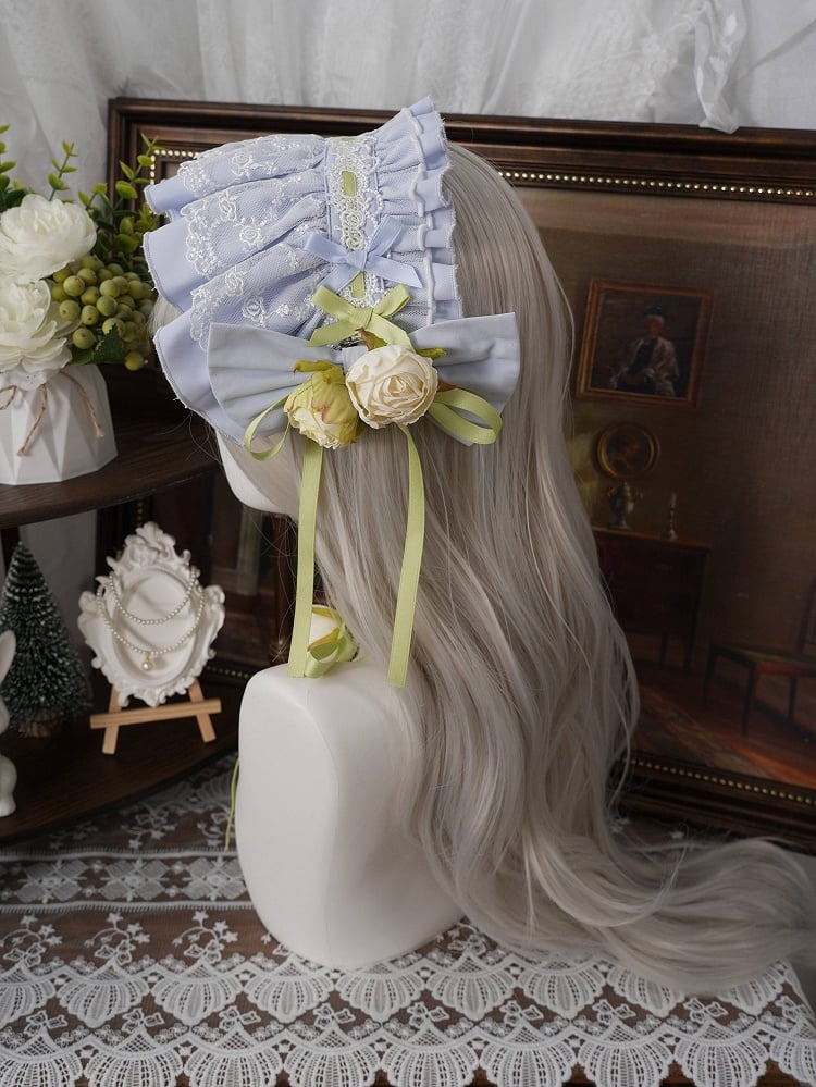 Teal & Green Frilled Headband with Flower Bow Hairpin - Moonlight Dream