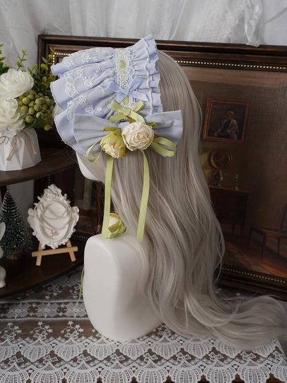 Teal & Green Frilled Headband with Flower Bow Hairpin - Moonlight Dream