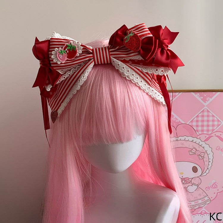 Theme Red Lolita KC Hairband Oversized Stand-Up Strawberry Striped Bowknot / Sweet