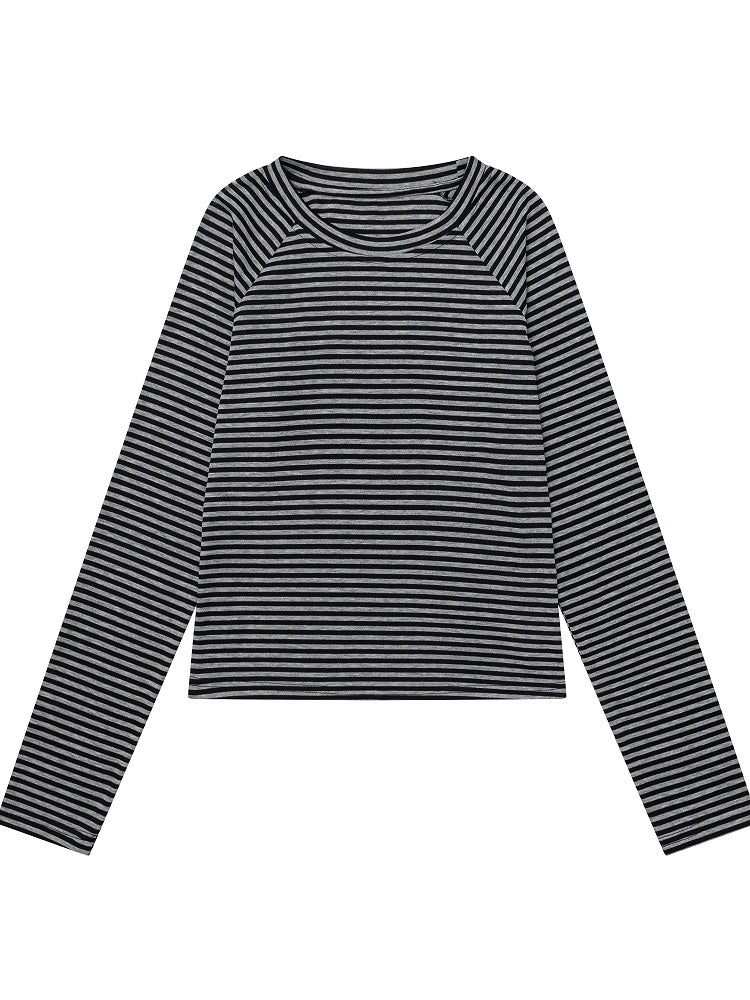 Black & Gray Striped Round Neck Long Sleeve Layering Top - Languid Park