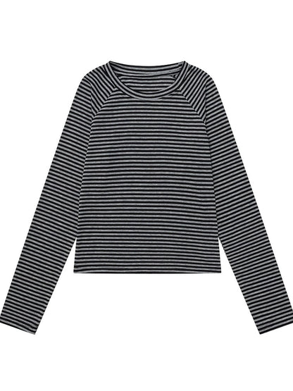 Black & Gray Striped Round Neck Long Sleeve Layering Top - Languid Park