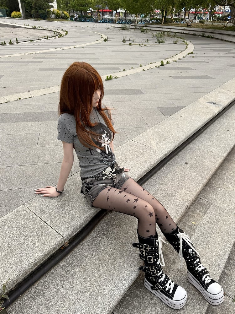 Polka T-Shirt Cartoon / with Print and Gray Cross White Dots