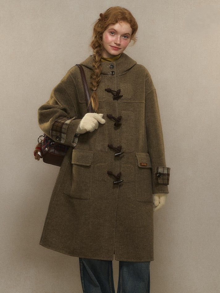and Duffle Hood Coat with Wool Plaid Brown Lining Long