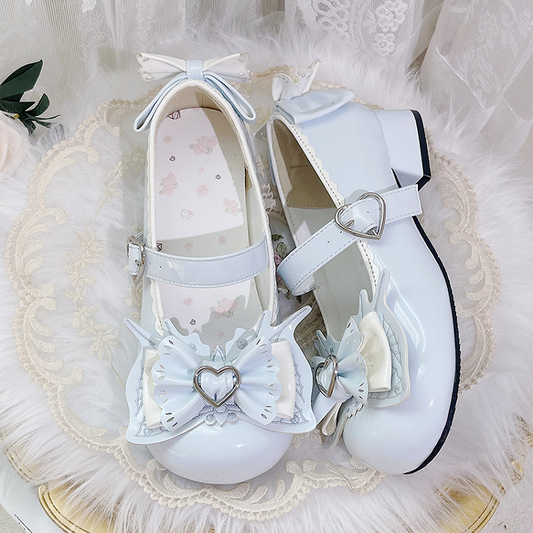 Sweet Lolita Mary Janes bleu clair à nœud papillon et boucle en forme de cœur