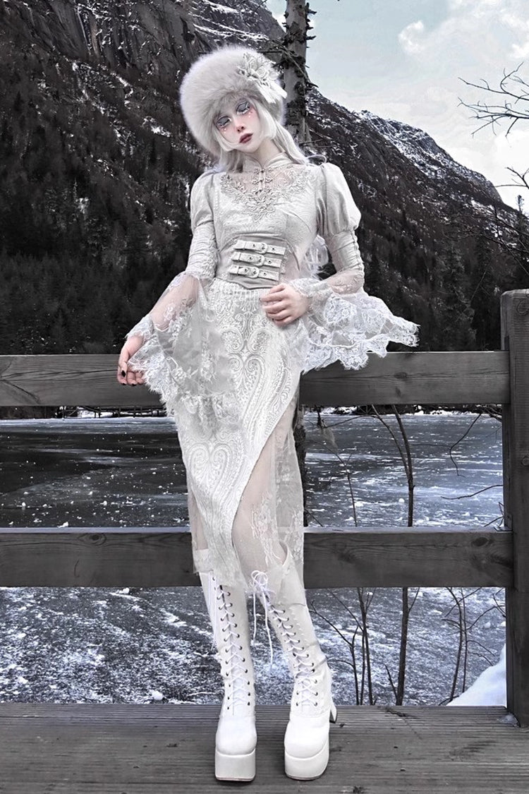 Silver V-Neck Long Sleeves High-Waisted Ruffle Lace Gothic Fishtail Dress