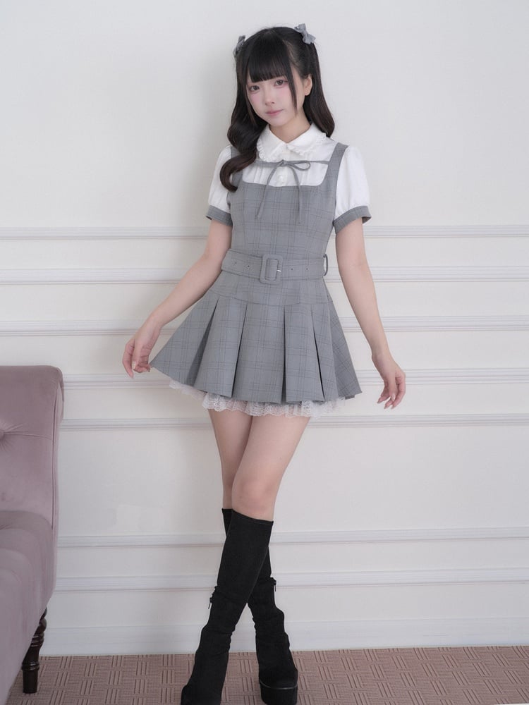 White Ryousangata Plaid Dress with Belt - No Genki