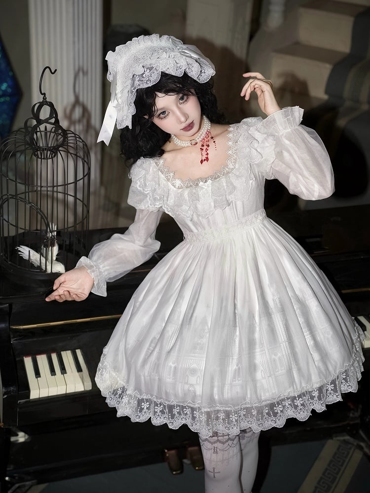 Short Version Gothic Print Lolita Trim Dress Cross Lace Neckline Goth Castle White Square