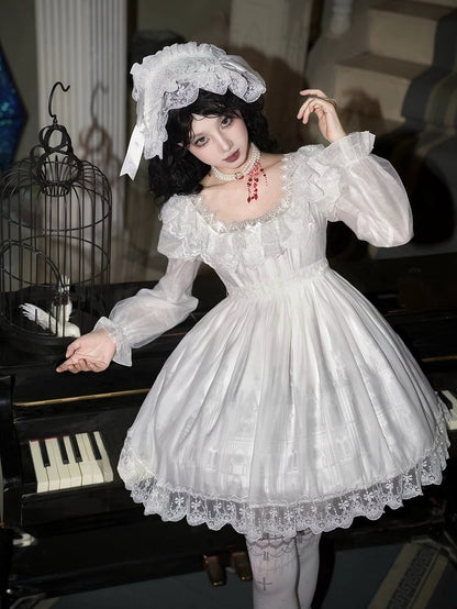 Short Version Gothic Print Lolita Trim Dress Cross Lace Neckline Goth Castle White Square