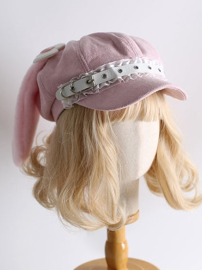 取り外し可能なウサギの耳が付いたピンクのスイートハートウィングベレー帽