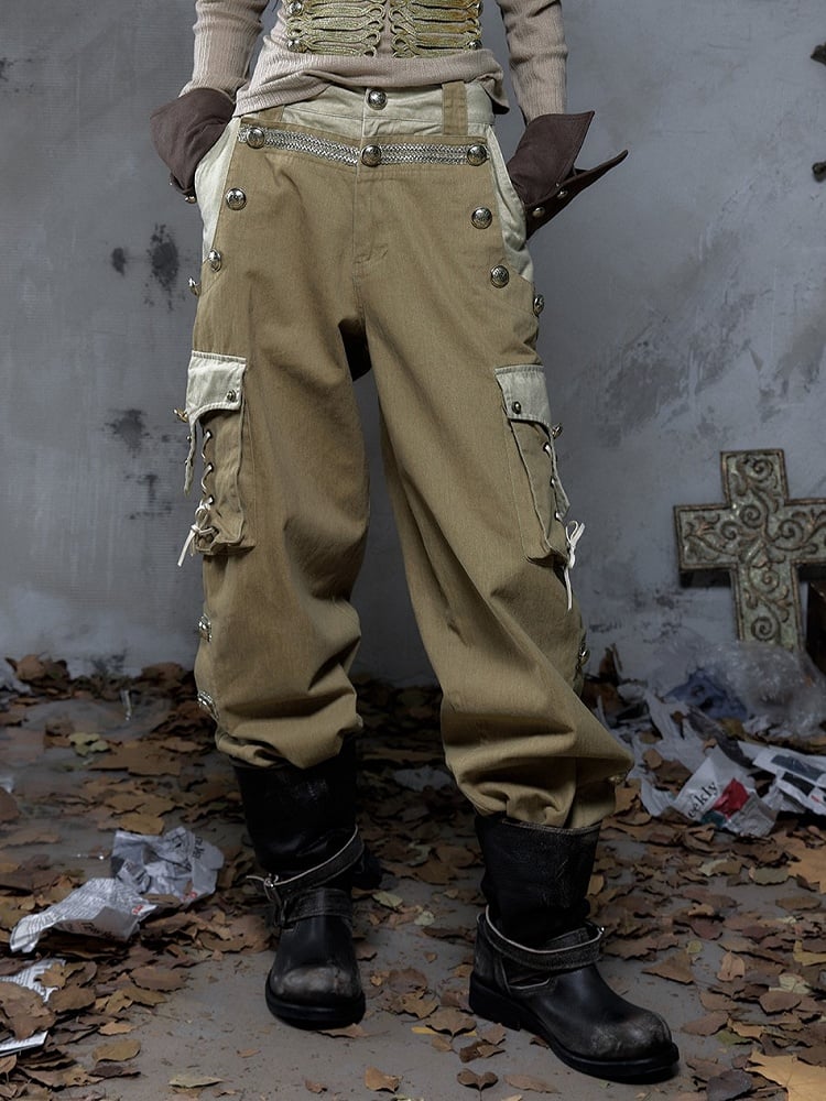 Punk Vintage Pockets Pants 3D with Khaki Cargo Dual-Tone Buttons