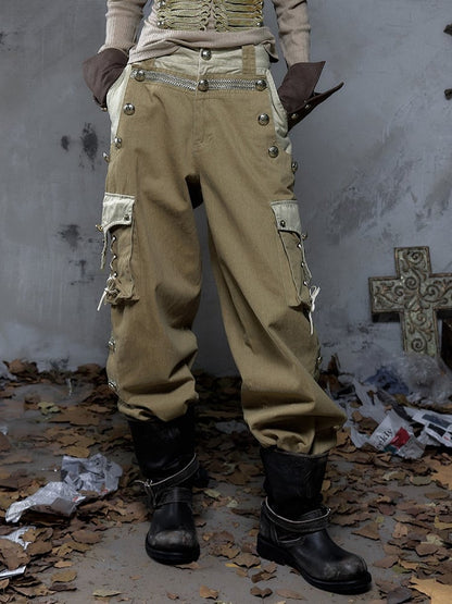 Punk Vintage Pockets Pants 3D with Khaki Cargo Dual-Tone Buttons