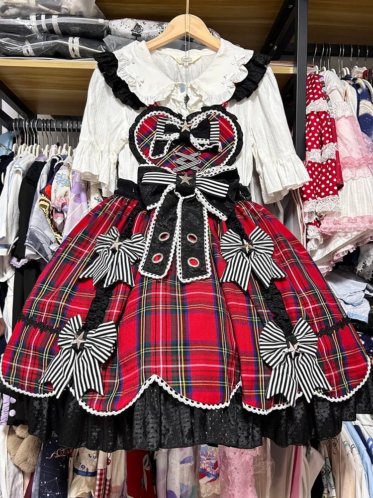 Punk Heart-Bodice Skirt Flutter Bowknots Straps Jumper Lolita with Red Plaid Striped