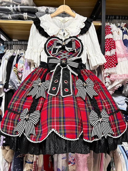 Punk Heart-Bodice Skirt Flutter Bowknots Straps Jumper Lolita with Red Plaid Striped