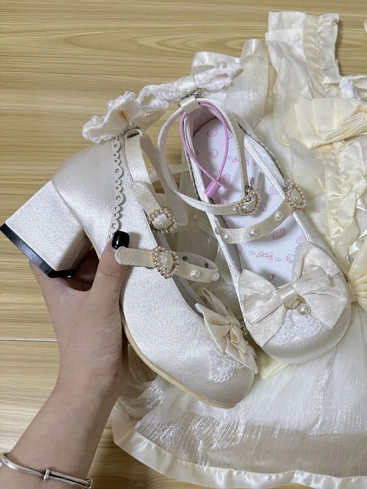Beige Satin Low-Heel Mary Janes with Beads by Mie Mie Shop