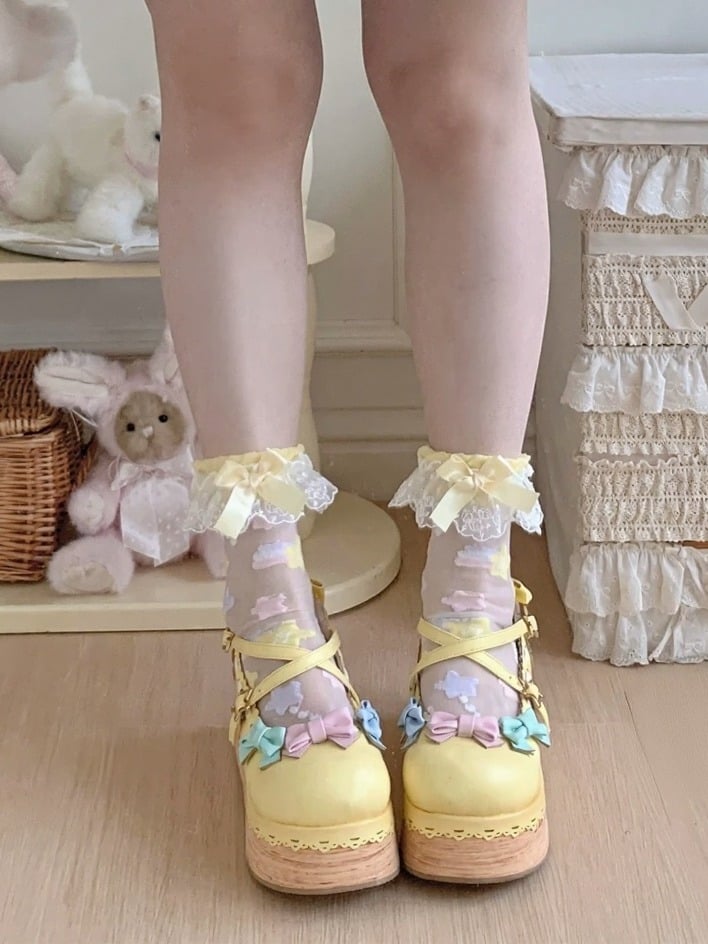 Sheer Ankle Socks with Bow Lace Trim & Star Decoration, 7 Colors - ROJI ROJI
