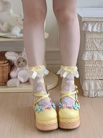 Sheer Ankle Socks with Bow Lace Trim & Star Decoration, 7 Colors - ROJI ROJI